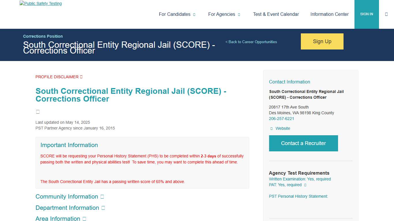 Public Safety Testing - South Correctional Entity Regional Jail (SCORE) - Corrections Officer